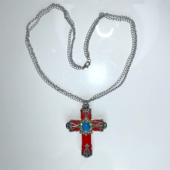 Sweet Romance Designer Gemstone Cross Double Chain Stainless Steel Necklace Boho - Picture 4 of 10